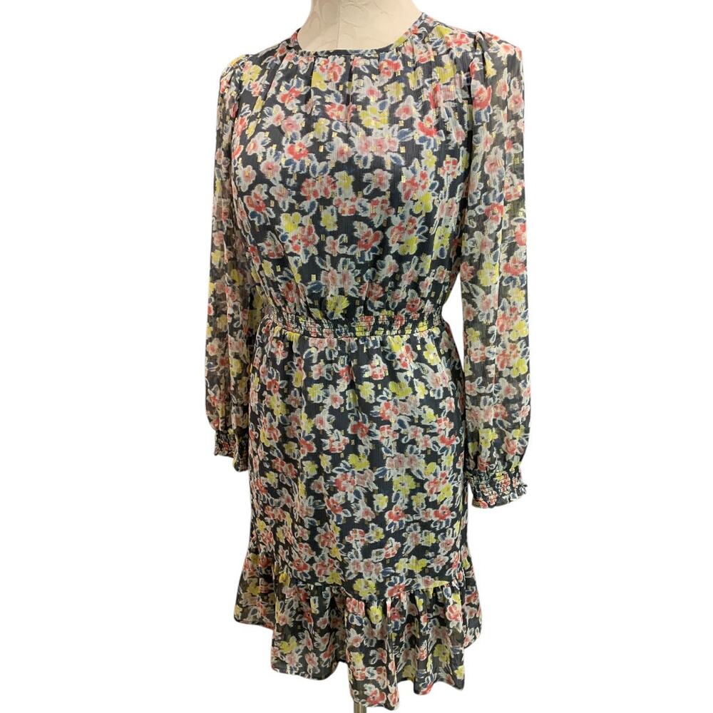XXS LOFT New Gray Metallic Floral Dress Banded Waist Long Sheer Sleeve